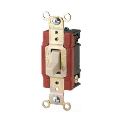 Eaton Arrow Hart industrial grade toggle switch, #14-10 AWG, 20A, Industrial, Wall, 120/277V, Back and side, Screw, White, Three-Way, Brass, Terminals: 0.031 in, Polycarbonate