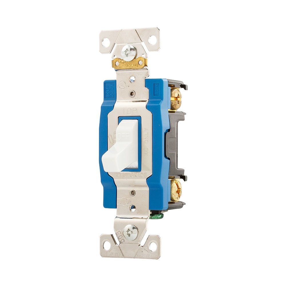 Eaton Arrow Hart industrial grade toggle switch, #14-10 AWG, 15A, Industrial, Flush mount, 120/277V, Back and side, Screw, White, Single-Pole, Single-Pole, Brass, Polycarbonate