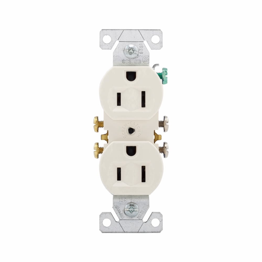 Eaton residential grade duplex receptacle, #14-10 AWG, 15A, Commercial, Residential, Flush, 125V, Side and push, Light almond, Brass, Impact-resistant thermoplastic, 5-15R, Duplex, Screw, Thermoplastic, Core pack