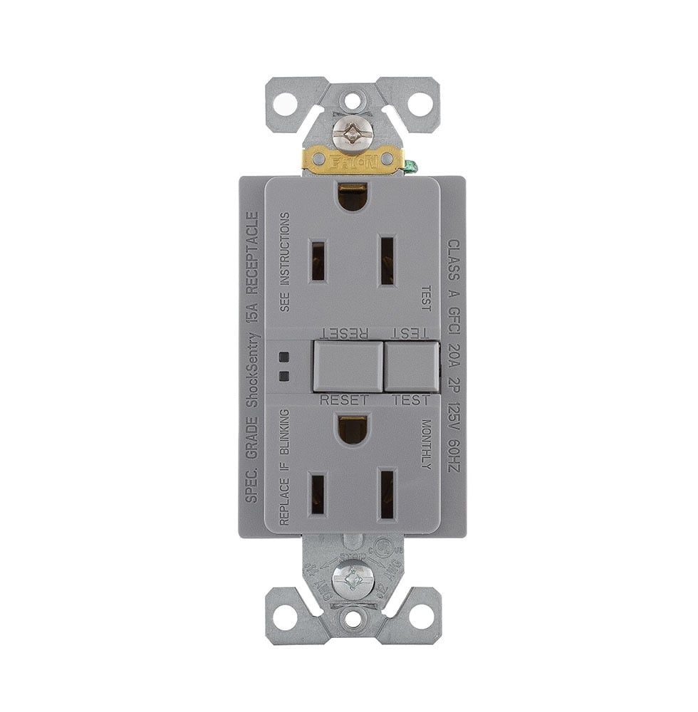 Eaton GFCI receptacle,Self-test,#14 - 10 AWG,15A,Residential,Commercial,Flush,125 V,GFCI,Back and side wire,Gray,Brass,Receptacle,Polycarbonate,5-15R,Two-pole,Three-wire,Two-pole, three-wire, grounding