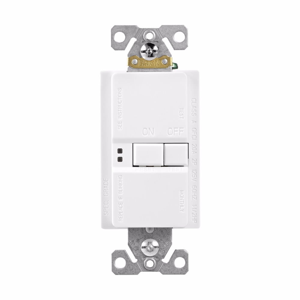 Eaton Blankface GFCI,Self-test,#14 - 10 AWG,20A,Residential,Commercial,Flush,125 V,GFCI,Back and side wire,White,Brass,Blankface,Thermoplastic,Two-pole,Three-wire,Two-pole, three-wire, grounding