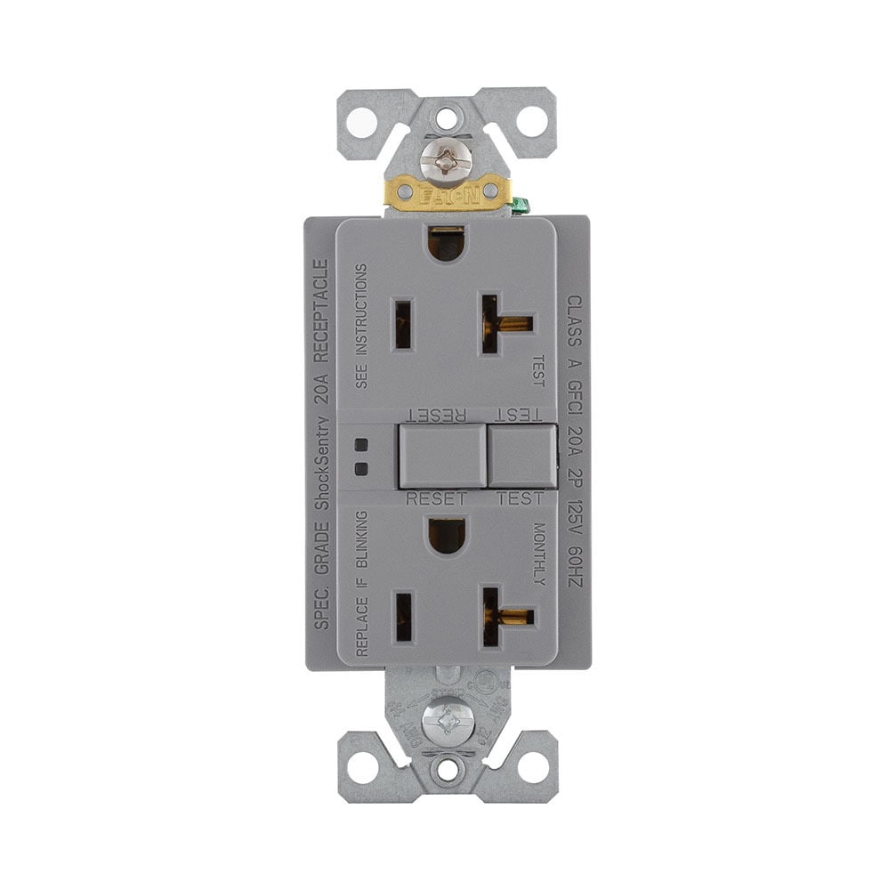 Eaton GFCI receptacle,Self-test,#14 - 10 AWG,20A,Residential,Commercial,Flush,125 V,GFCI,Back and side wire,Gray,Brass,Receptacle,Polycarbonate,5-20R,Two-pole, three-wire, grounding