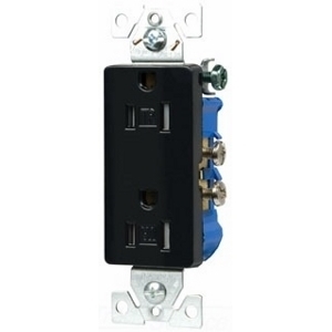 Eaton residential grade decorator duplex receptacle,#14-10 AWG,15A,Commercial, Residential,Flush,125V,Side, push,Light almond,Brass,Impact-resistant thermoplastic face,PVC body,5-15R,Duplex,Screw,Core pack,Tamper-resistant, Auto-grounding