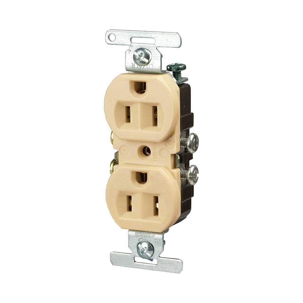 Eaton residential grade duplex receptacle, #10 AWG, 15A, Residential, Flush, 125V, Side wire, Ivory, Brass, Thermoplastic, 5-15R, Duplex, Screw, Thermoplastic