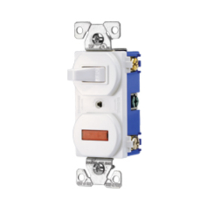 Eaton commercial grade combination switch, Neon pil lgt, Stand, #14 - #12 AWG, 15A, Commer, 120V (Switch), 125V (pil lgt), bk and sd wiring, togg, Maint closure, Screw, Brass, wht, -20-60?C, 1-pole, dplx, thermoplas, 1 / 25W