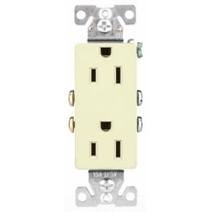 Eaton residential grade duplex receptacle, #14-10 AWG, 15A, Decorator, Commercial, Residential, Flush, 125V, Side and push, Almond, Brass, Impact-resistant thermoplastic, 5-15R, Duplex, Screw, Thermoplastic, Core pack, Auto-grounding