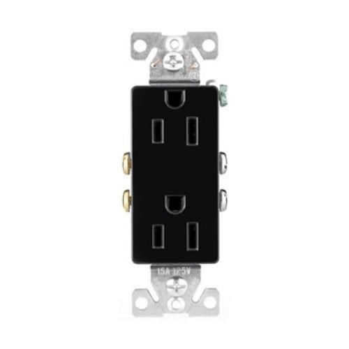 Eaton residential grade duplex receptacle, #14-10 AWG, 15A, Commercial, Residential, Flush, 125V, Side and push, Black, Brass, Impact-resistant thermoplastic, 5-15R, Duplex, Screw, Thermoplastic, Core pack, Auto grounding