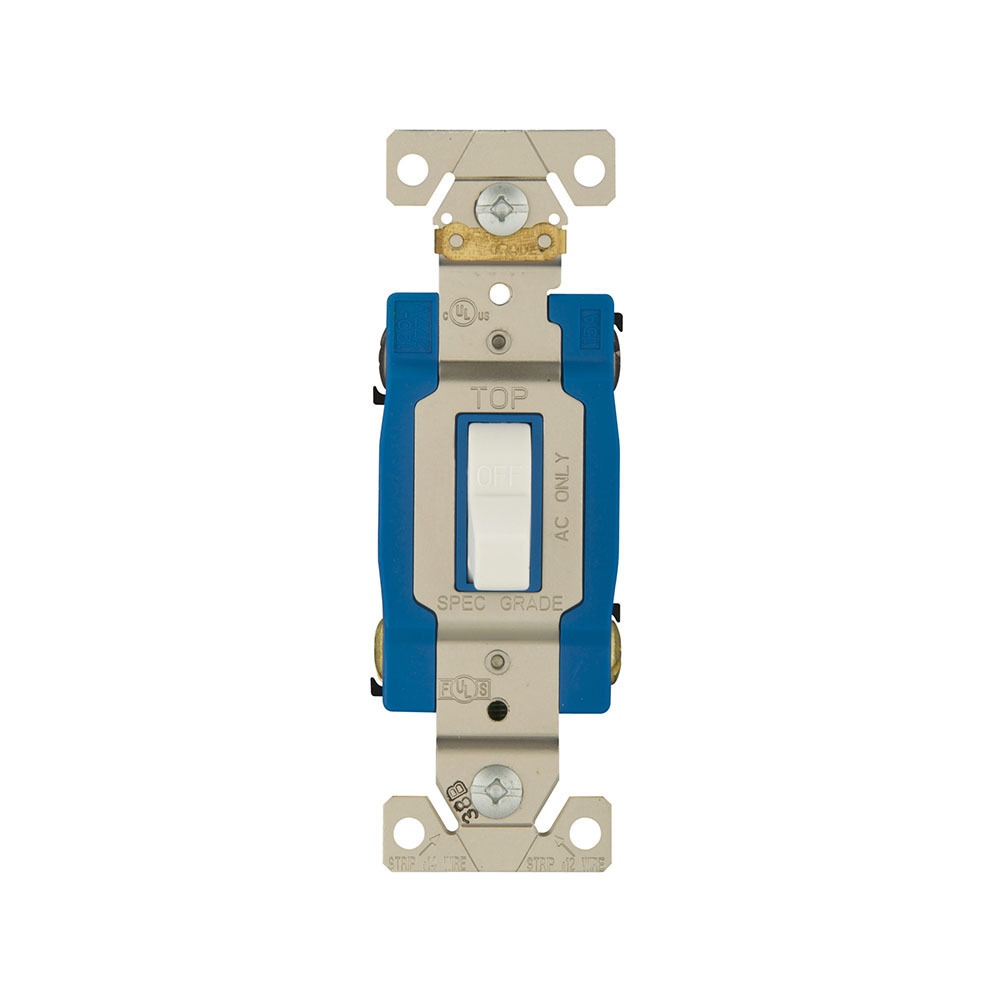 Eaton Arrow Hart industrial grade toggle switch, #14-10 AWG, 15A, Flush, 120/277V, Back and side, Screw, White, Load type: Motor Control, Fan, LED, Incandescent, ELV, MLV, CFL, Flourescent, Halogen, Double-Pole,Dual-pole,Brass,Polycarbonate