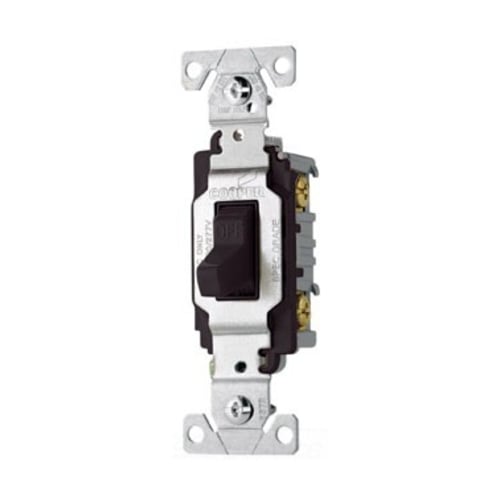 Eaton commercial grade toggle switch, #14-10 AWG, 20A, Commercial, Flush, 120/277V, Side wire, Screw, Black, Load type: Motor Control, Fan, LED, Incandescent, ELV, MLV, CFL, Flourescent, Halogen, Single-Pole, Single-Pole, Brass, PVC