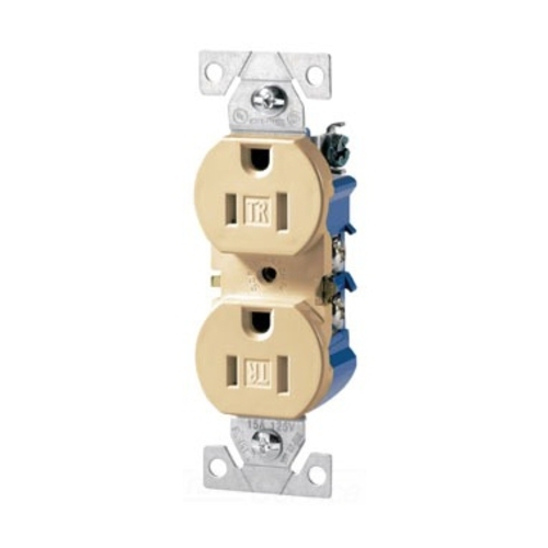 Eaton residential grade duplex receptacle, #14-10 AWG, 15A, Commercial, Residential, Flush, 125V, Side and push, Ivory, Brass, Impact-resistant thermoplastic face, PVC body, 5-15R, Duplex, Screw, Thermoplastic, Core pack