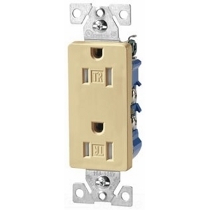 Eaton residential grade decorator duplex receptacle, #14-10 AWG, 15A, Commercial, Residential, Flush, 125V, Side and push, Ivory, Brass, Impact-resistant thermoplastic face, PVC body, 5-15R, Duplex, Screw, Thermoplastic, ED Box