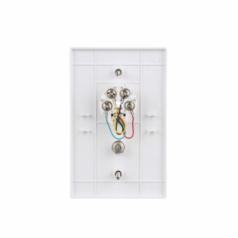 Telephone Jack and Coaxial Adapter Wallplate, White, Thermoplastic, Surface, Mid-size, 4-conductor jack and coax adapter, Type F, RJ11, RJ14, Combination