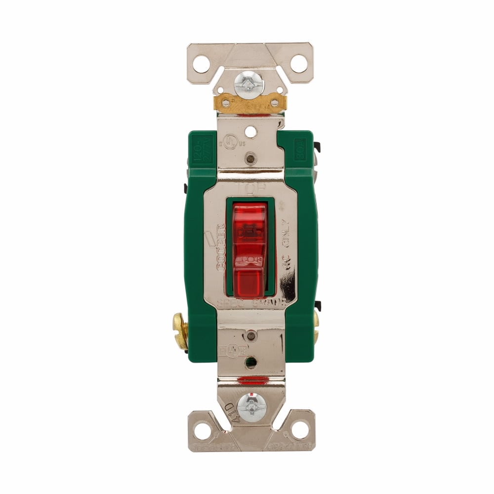 Eaton Arrow Hart industrial grade toggle switch, Pilot lighted red, #14-10 AWG, 30A, Flush, 120/277V, Back/side, Screw, Red, Load type: Motor Control, Fan, LED, Incand, ELV, MLV, CFL, Flourescent, Halogen, Double-Pole, Brass, Polycarbonate