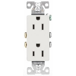 Eaton residential grade duplex receptacle, #14-10 AWG, 15A, Decorator, Commercial, Residential, Flush, 125V, Side and push, White, Brass, Impact-resistant thermoplastic, 5-15R, Duplex, Screw, Thermoplastic, Core pack, Auto grounding