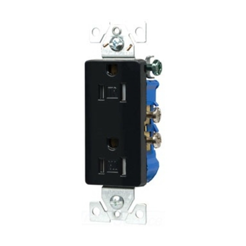 Eaton residential grade decorator duplex receptacle, #14-10 AWG, 15A, Commercial, Residential, Flush, 125V, Side and push, Black, Brass, Impact-resistant thermoplastic face, PVC body, 5-15R, Duplex, Screw, Thermoplastic, Core pack