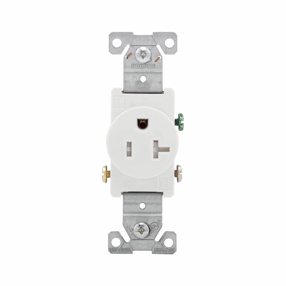 Eaton commercial specification grade single receptacle, #14-10 AWG, 20A, Commercial, Flush, 125V, Side wire, White, Brass, Impact-resistant thermoplastic face, PVC body, 5-20R, Single, Screw, PVC, ED Box