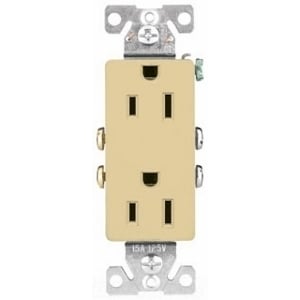 Eaton residential grade duplex receptacle, #14-10 AWG, 15A,Decorator, Commercial, Residential, Flush, 125V, Side and push, Ivory, Brass, Impact-resistant thermoplastic, 5-15R, Duplex, Screw, Thermoplastic, Core pack, Auto grounding