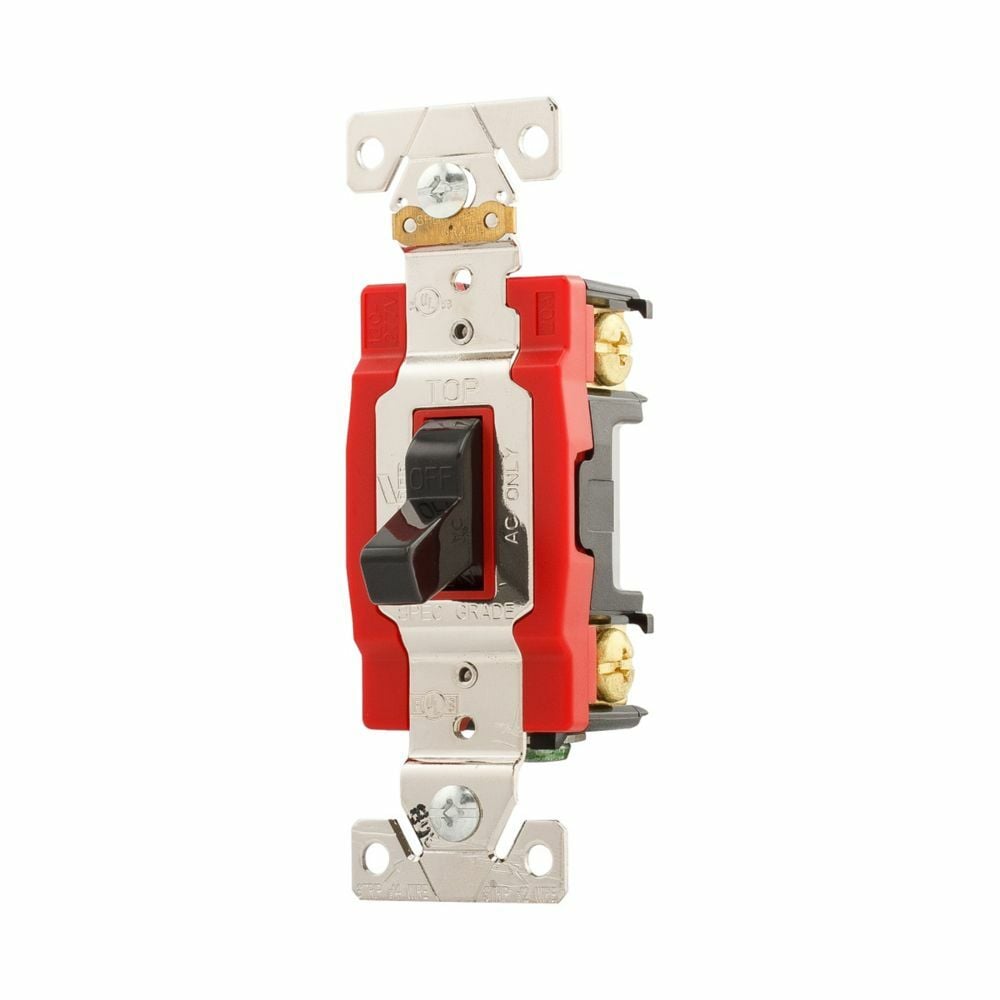 Eaton Arrow Hart industrial grade toggle switch, #14-10 AWG, 20A, Industrial, Flush, 120/277V, Back and side wiring, Screw, Black, Single-Pole, Single-Pole, Brass, Polycarbonate