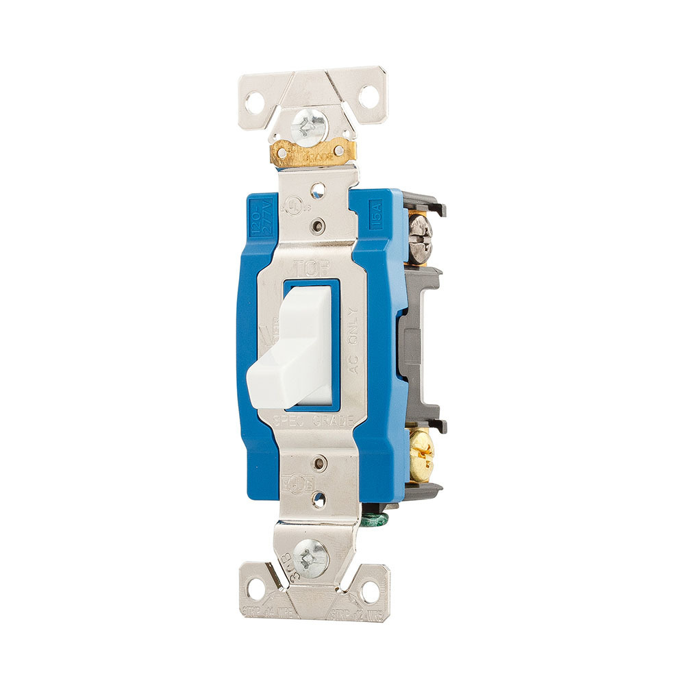 Eaton Arrow Hart industrial grade toggle switch, #14-10 AWG, 15A, Industrial, Wall, 120/277V, Back and side wiring, Screw, White, Three-Way, Brass, Terminals: 0.031 in, Polycarbonate