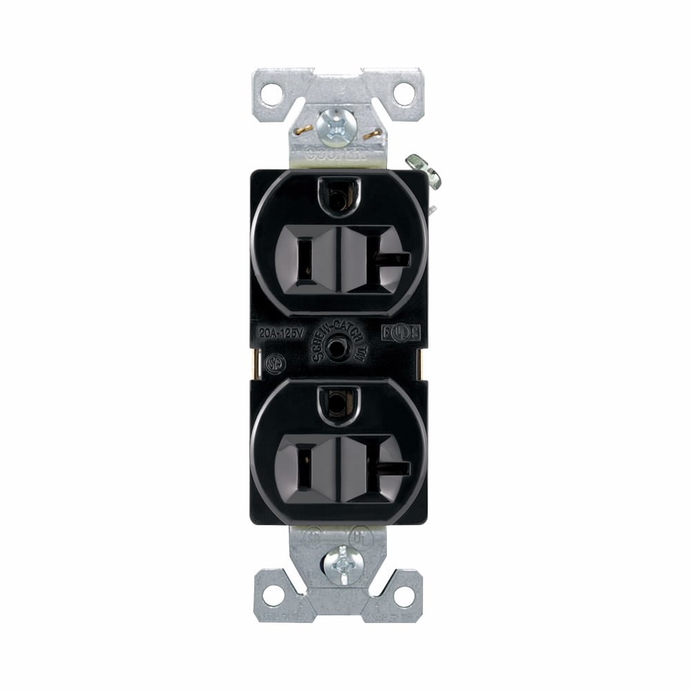 Eaton commercial specification grade duplex receptacle, #14-10 AWG, 20A, Commercial, Flush, 125V, Back and side, Black, Brass, High-impact nylon, PVC, 5-20R, Duplex, Screw, PVC, Core pack