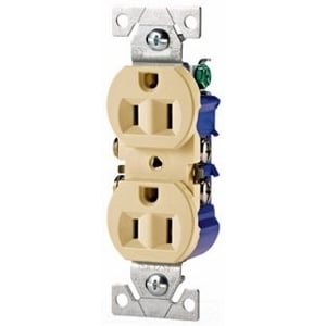 Eaton residential grade duplex receptacle, #14-10 AWG, 15A, Commercial, Residential, Flush, 125V, Side and push, Ivory, Brass, Impact-resistant thermoplastic, 5-15R, Duplex, Screw, Thermoplastic, Core pack, Auto grounding