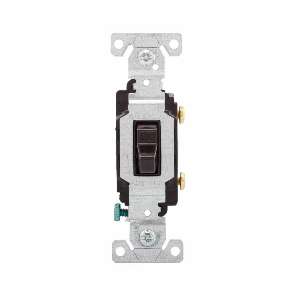 Eaton commercial grade toggle switch, #14-10 AWG, 20A, Commercial, Flush, 120/277V, Side wire, Screw, Brown, Load type: Motor Control, Fan, LED, Incandescent, ELV, MLV, CFL, Flourescent, Halogen, Single-Pole, Single-Pole, Brass, PVC