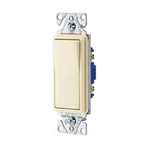 Eaton standard grade decorator switch, #14-12 AWG, 15A, Flush, 120/277V, Back/push, Decorator, Maintained, Light almond, Motor Control, Fan, LED, Incand, ELV,MLV,CFL, Florscnt, Halogen, Single-pole, Thermoplastic