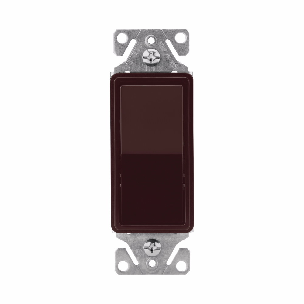 Eaton standard grade decorator switch, Box, #14-12 AWG, 15A, Flush, 120/277V, Back/push, Decorator, Maintained, Brown, Motor Control, Fan, LED, Incand, ELV,MLV,CFL, Florscnt, Halogen, Single-pole, Thermoplastic 752391
