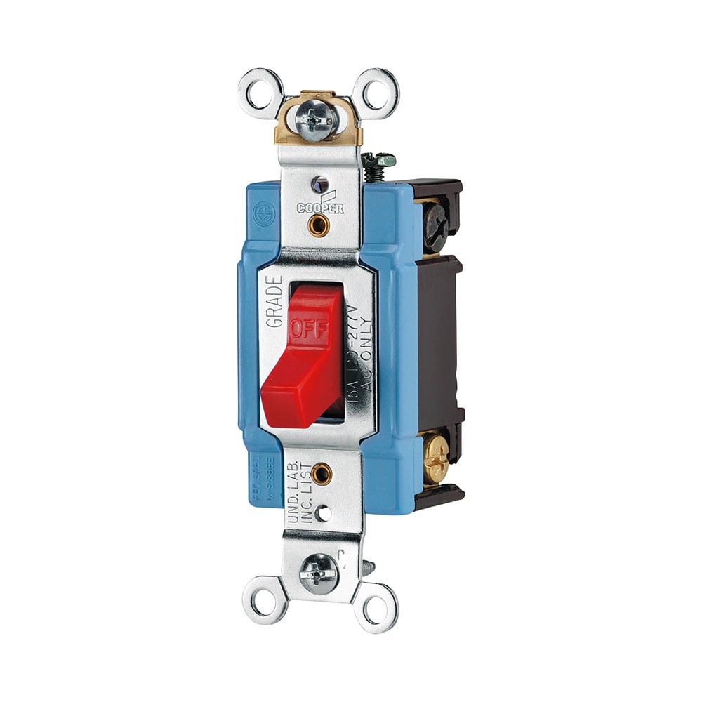 Eaton Arrow Hart industrial grade toggle switch, #14-10 AWG, 15A, Industrial, Flush, 120/277V, Back and side, Screw, Red, Single-Pole, Single-Pole, Brass, Polycarbonate