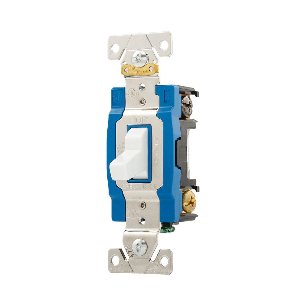 Eaton Arrow Hart industrial grade toggle switch, #14-10 AWG, 15A, Industrial, Wall, 120/277V, Back and side, Screw, White, Four-way, Brass, Terminals: 0.031 in, Polycarbonate