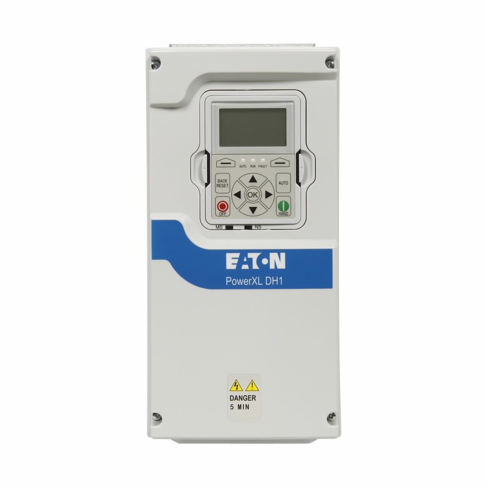 Eaton PowerXL DH1 variable frequency drive, 480V, 4.3A, 2HP, 1.5KW, KEYPAD, DC CHOKE, NO EMC FILTER, NO BRAKE, Modbus RTU/TCP, BACnet MSTP/IP, IP21