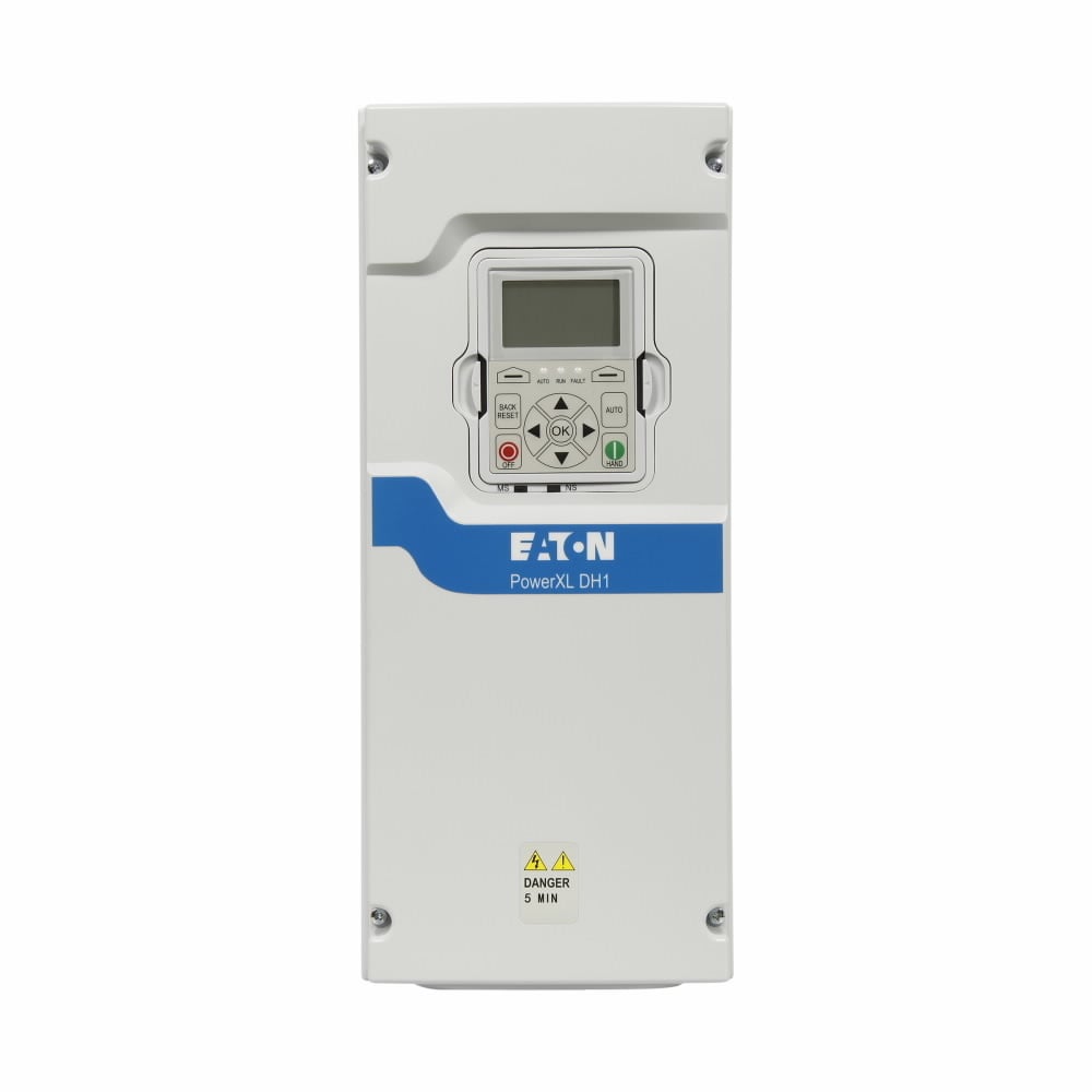 Eaton PowerXL DH1 variable frequency drive, 230V, 25A, 7.5HP, 5.5KW, KEYPAD, DC CHOKE, NO EMC FILTER, NO BRAKE, Modbus RTU/TCP, BACnet MSTP/IP, IP21