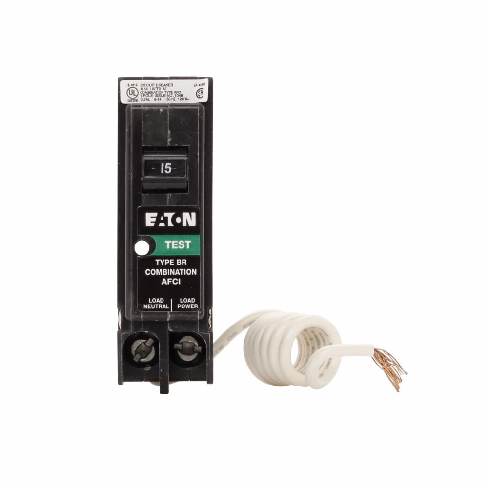 Eaton BR AFCI circuit breaker, AFCI Combination circuit breaker, 20 A, 22 kAIC, Single-pole, 120 V, BR, Plug-on, #14-8 AWG Cu/Al, Type BR Loadcenters, Pigtail neutral