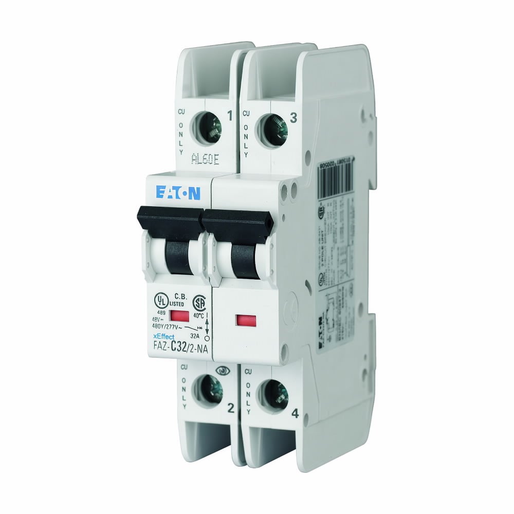 Eaton FAZ branch protector,UL 489 Industrial miniature circuit breaker - supplementary protector,Medium levels of inrush current are expected,63 A,10 kAIC,Two-pole,240 V,5-10X /n,50-60 Hz,Screw terminals,C Curve
