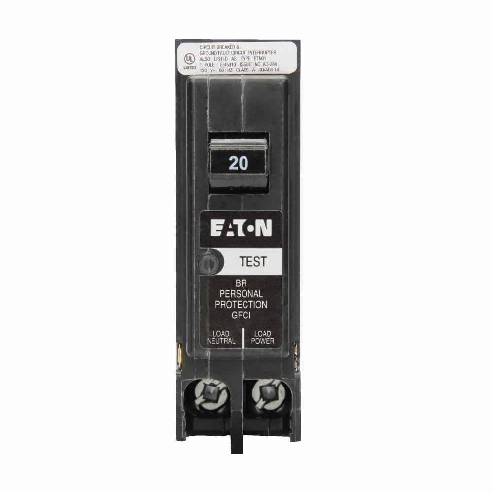 Eaton BR GFCI circuit breaker, Plug-in ground fault circuit breaker, 20 A, 10 kAIC, Single-pole, 120/240 V, BRP, Trip-to-center, Plug-on, #14-8 AWG, Ground fault circuit interrupter, GFI, 5 mA