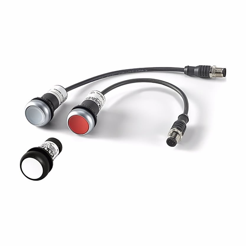 Eaton, 22.5 mm RQM Compact Pushbutton,E-STOP,Silver bezel,0.2 m M12, 5-pole,2NC,IP65, IP66, IP67, IP69K,Non-illuminated,Flush mounting,NEMA 4X, 13,5,000,000 operations,Momentary,45 mm button,Flush Pushbutton,C22 Series