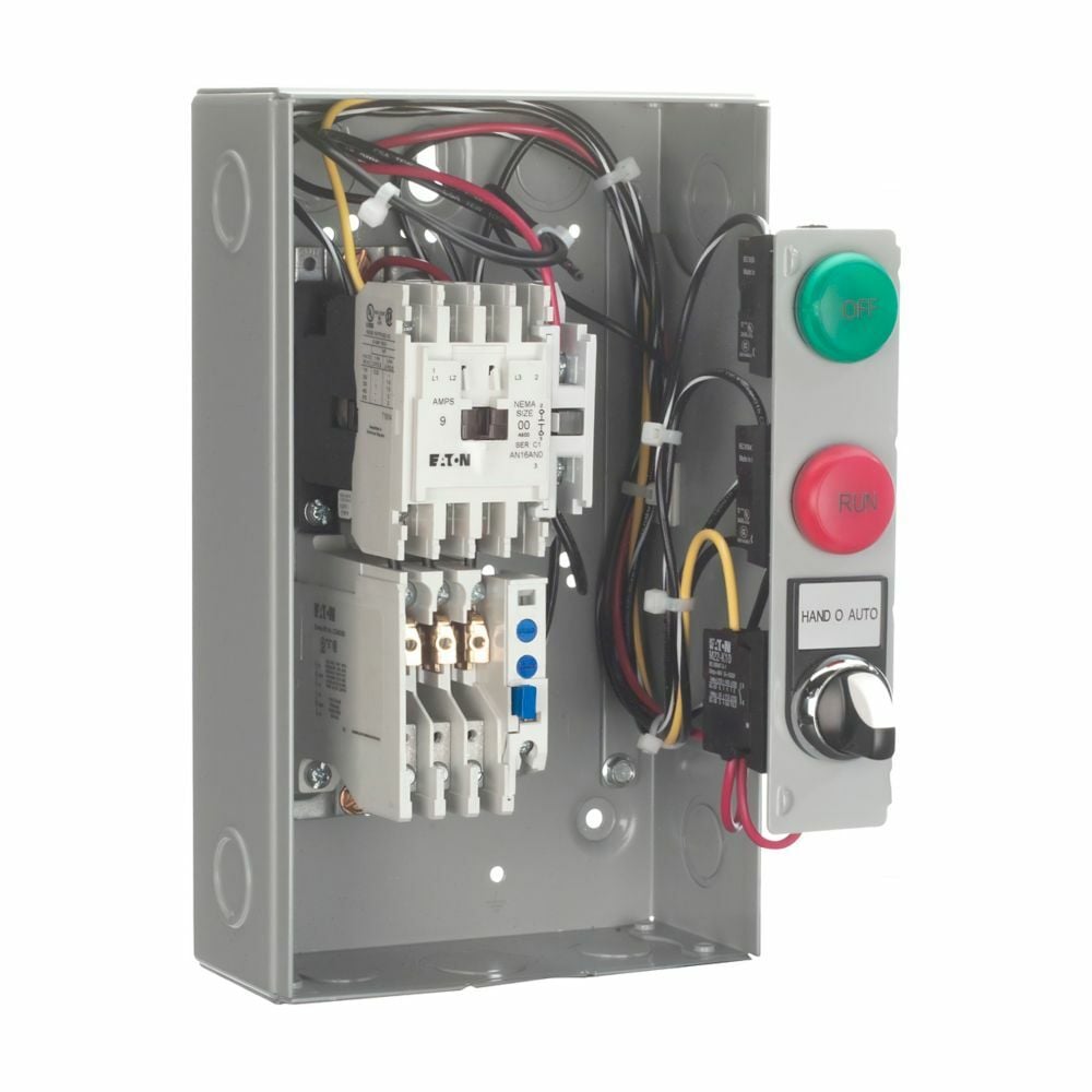 Eaton Freedom NEMA motor control starter, 120 Vac coil, NEMA Type 1, Non-combination, Hand-off-auto selector switch, 1-5A, C440 solid-state overload relay, Three-phase, Size 00