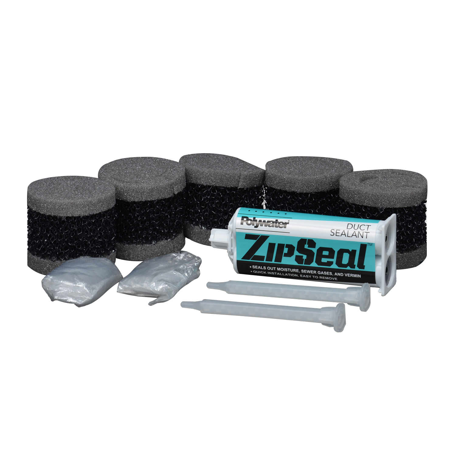 1 - 50ml foam sealant cartridge with resealing cap2 - static mixing nozzles2 - pair disposable gloves5 - 2� (5 cm) Zip-Disc�  ZipSeal� Duct Sealant is a practical and efficient way to seal small conduits and communication innerducts. The revolutionary Zip-Disc� insert traps and keeps the foaming liquid in its open-cell (center) area.