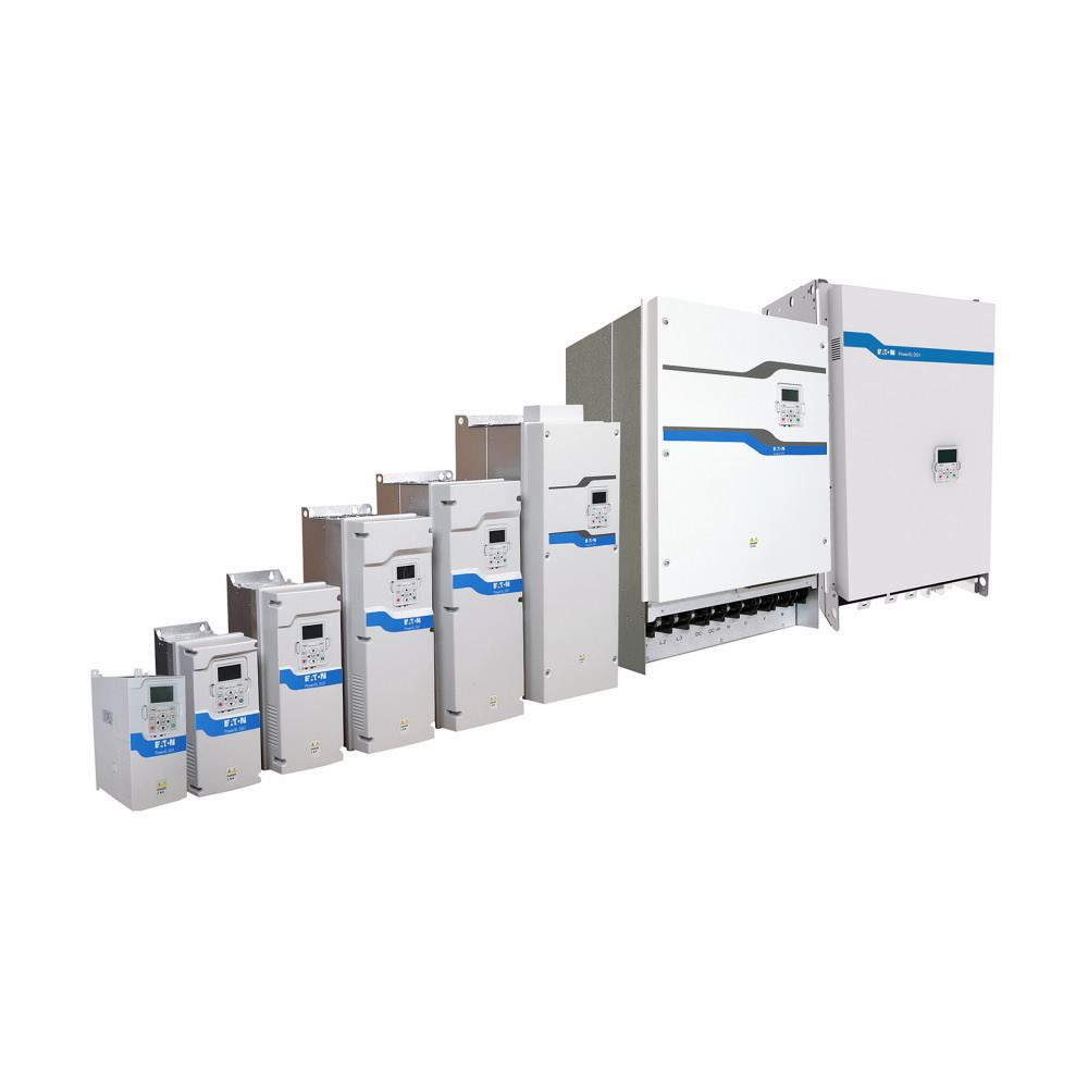 Eaton PowerXL DG1 variable frequency drive, 208-240V input 75 kW 100 Hp CT 3-phase 50/60 Hz 248A output IP21/type 1 enclosure FR6 LCD display Internal EMC filter & DC choke EtherNet, RS-485, BACnet MS/TP, Modbus TCP & RTU ports 2 expansion slots