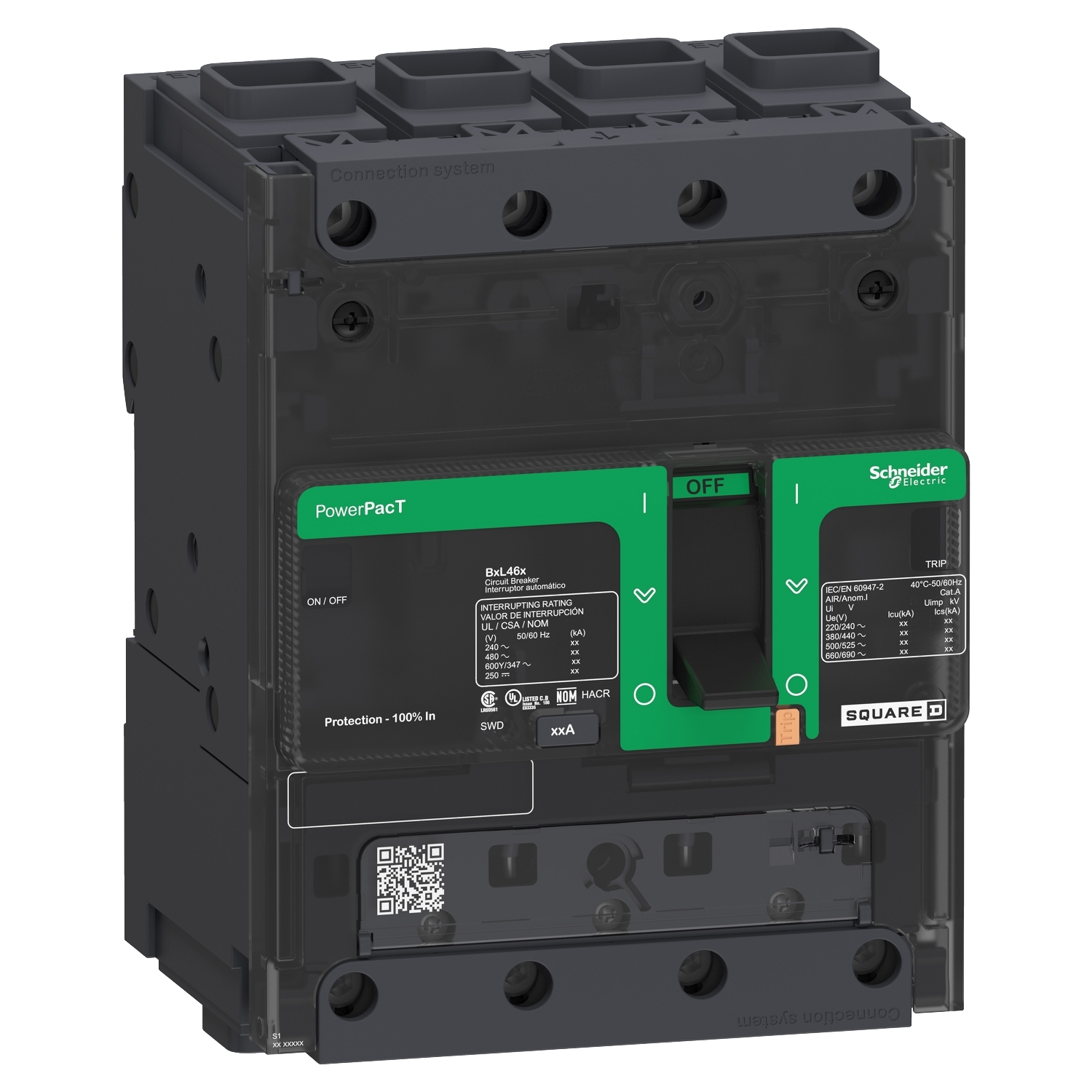 Circuit breaker, PowerPacT B, 60A, 4 pole, 600Y/347VAC, 18kA, terminal nut, thermal magnetic, 80%