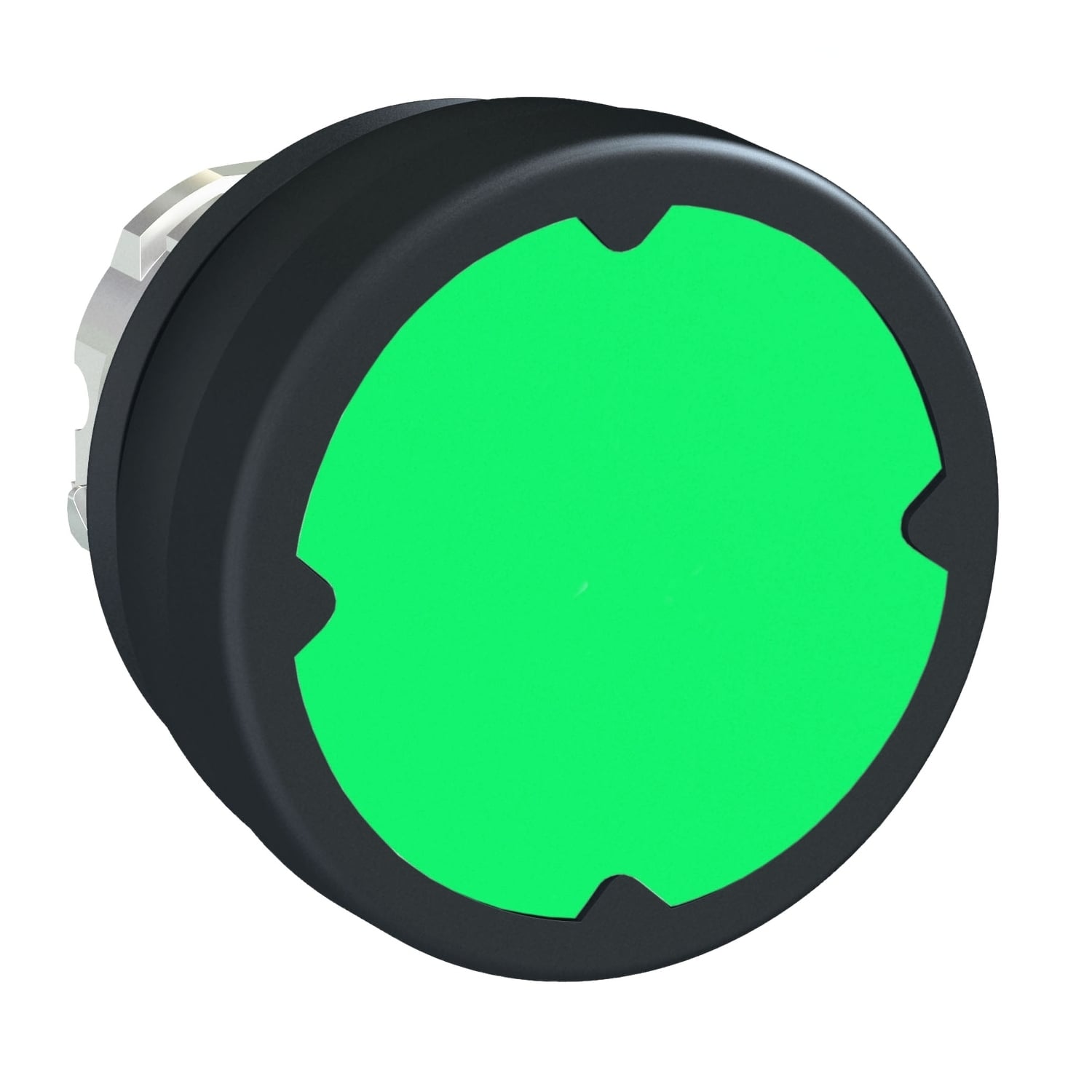 Head for illuminated push button, Harmony XB4, metal, green flush, 22mm, spring return, unmarked