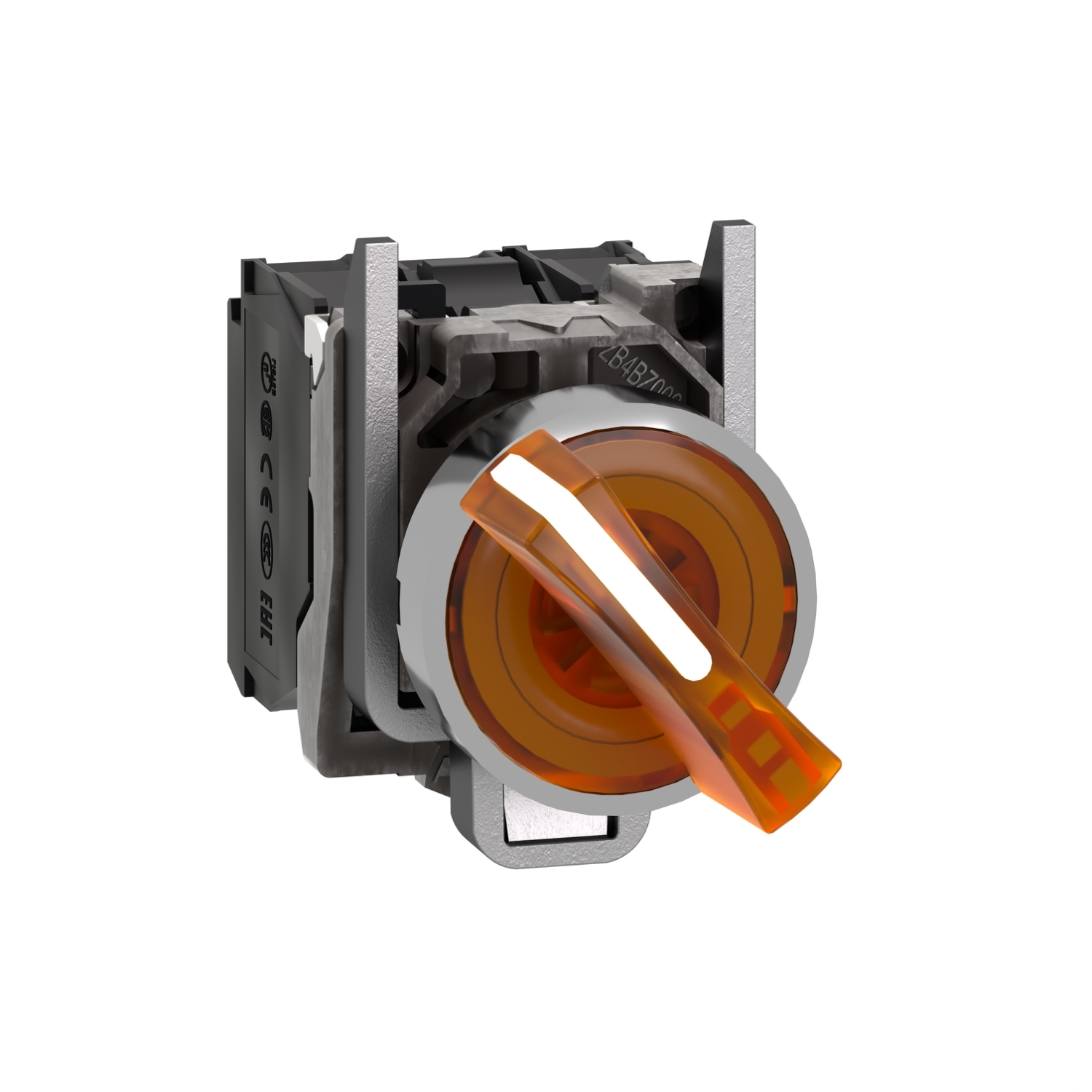 Illuminated selector switch, Harmony XB4, metal, orange handle, 22mm, universal LED, 2 positions, 1NO + 1NC, 110...120V AC