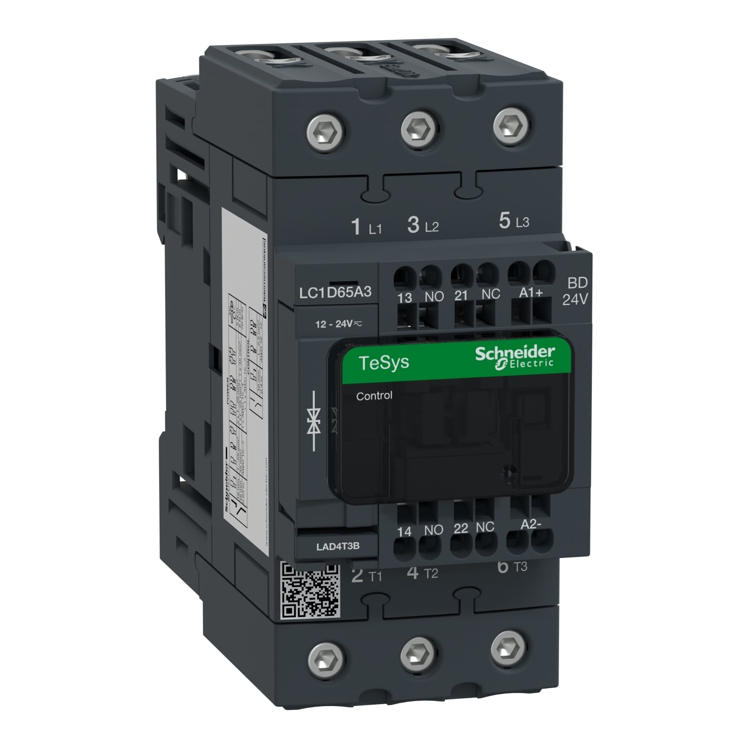 IEC contactor, TeSys Deca, nonreversing, 65A, 40HP at 480VAC, 3 phase, 3 pole, 3 NO, 24VDC coil, open style