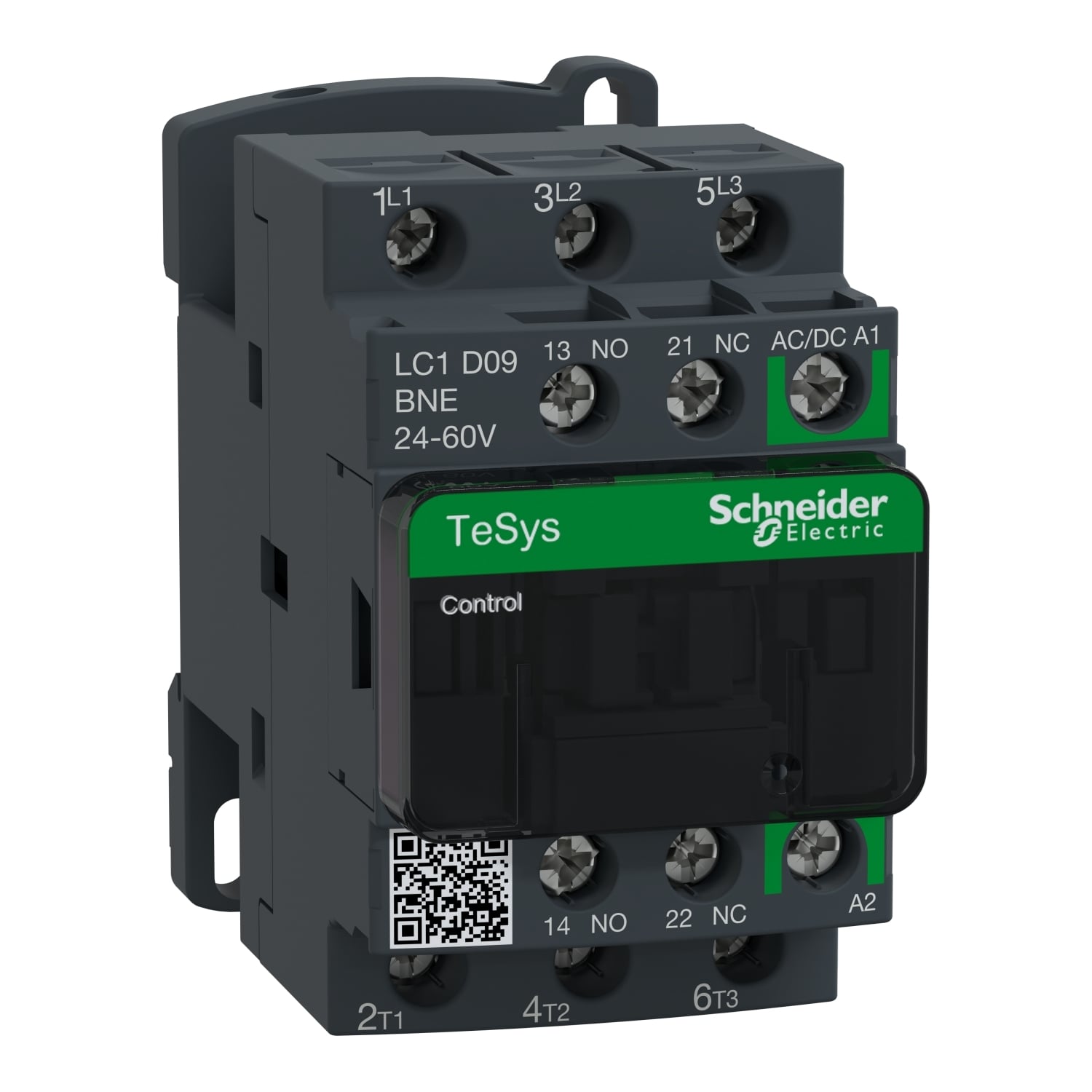 IEC contactor, TeSys Deca, nonreversing, 9A, 5HP at 480VAC, up to 100kA SCCR, 3 phase, 3 NO, 24/60 VAC/VDC coil, open