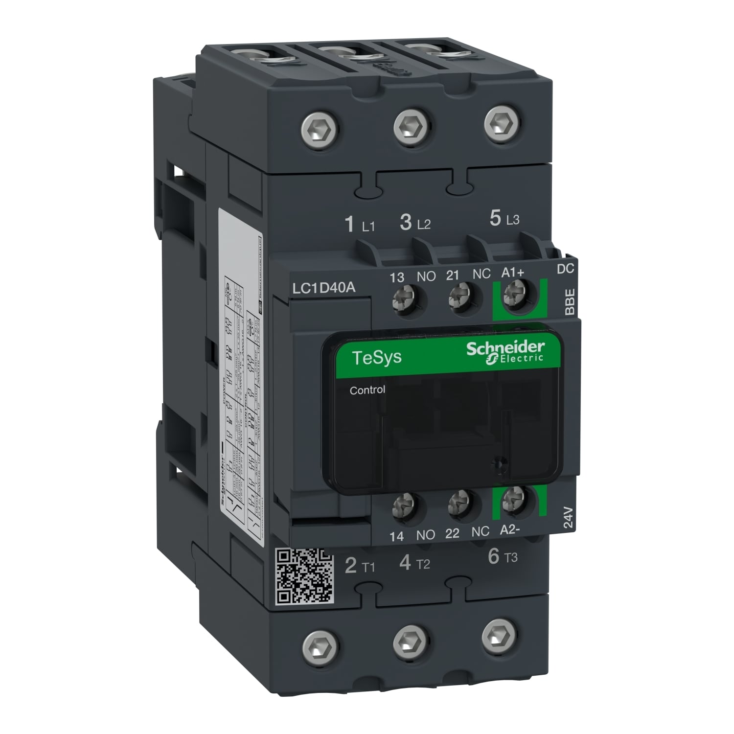 IEC contactor, TeSys Deca, nonreversing, 40A, 30HP at 480VAC, up to 100kA SCCR, 3 phase, 3 NO, 24VDC coil, open style