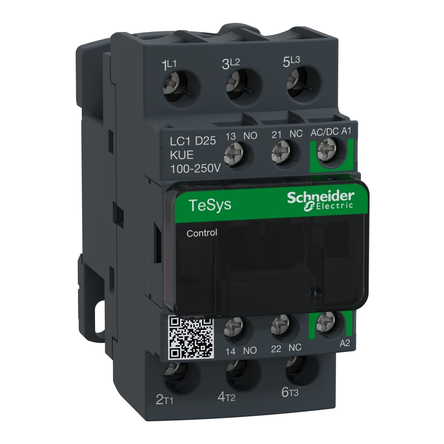IEC contactor, TeSys Deca, nonreversing, 25A, 15HP at 480VAC, up to 100kA SCCR, 3 phase, 3 NO, 100/250VAC/VDC coil