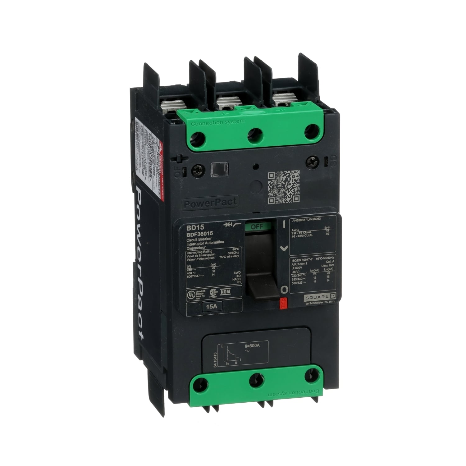 Circuit breaker, PowerPacT B, 15A, 3 pole, 600Y/347VAC, 14kA, terminal nut, thermal magnetic, 80%