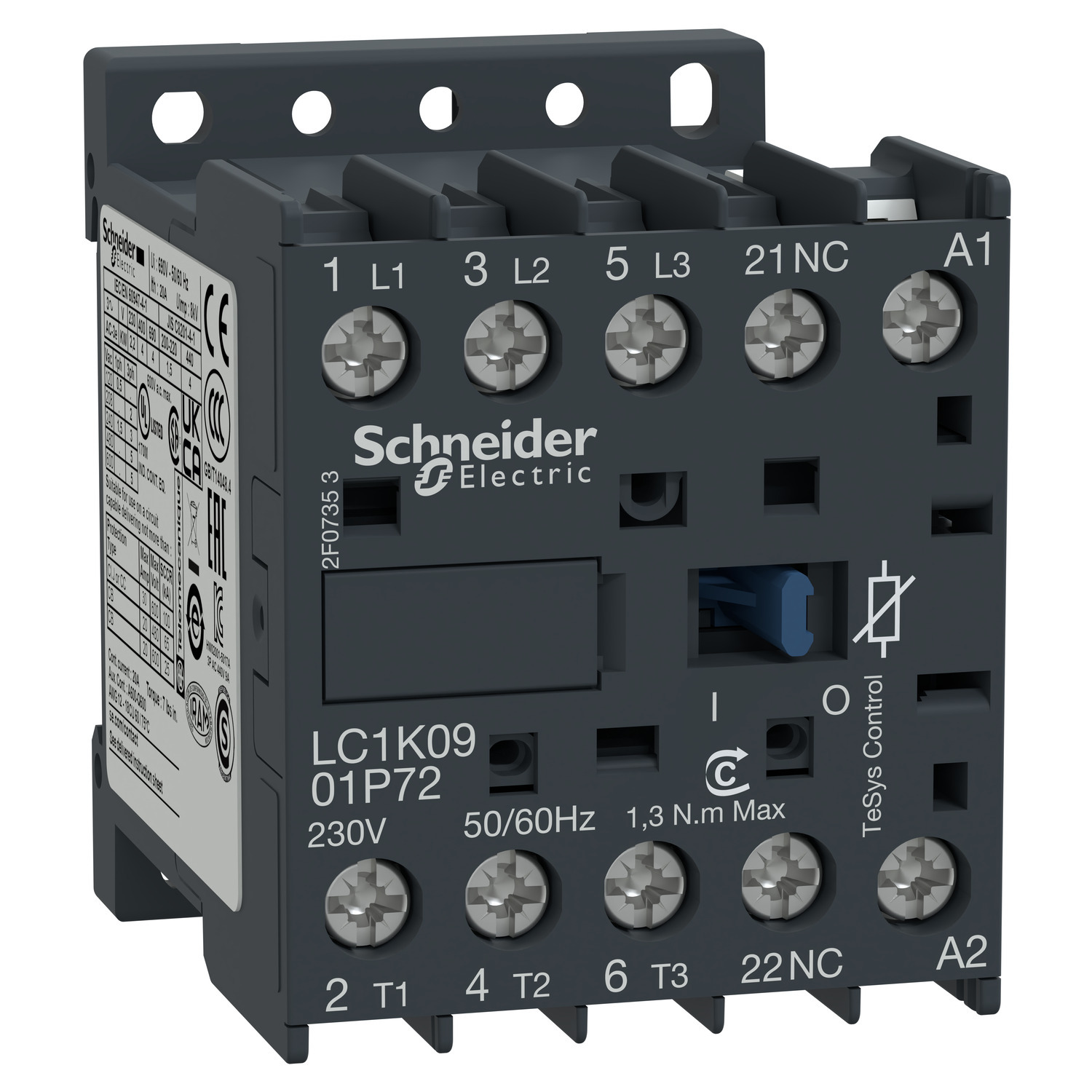 Contactor, TeSys K, 3P, AC-3, lt or eq to 440V 6A, 1 NC aux., 110VAC coil