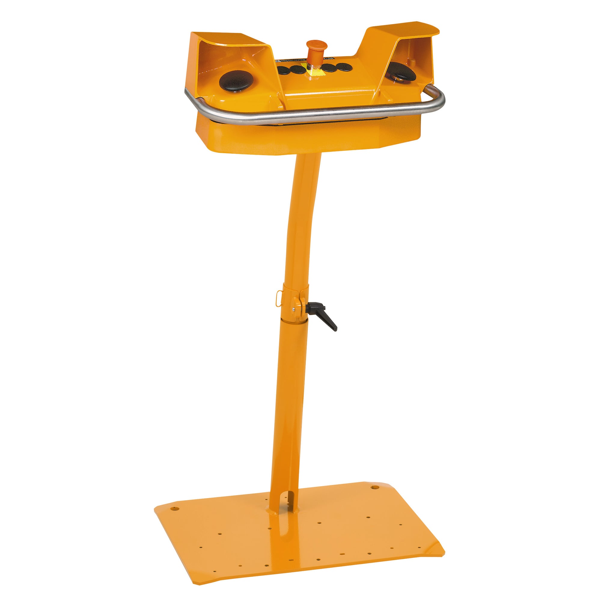 Preventa XY2, Two-hand control station with pedestal, orange, 2 push buttons 1 NO + 1 NC, 1 emergency stop push button 2 NC, pre-wired terminal block