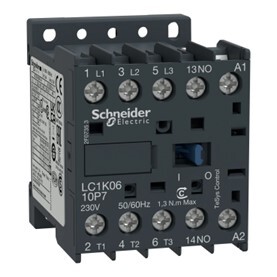 CONTACTOR 575VAC 6AMP IEC + OPTIONS,10 A at <= 50 C for signalling circuit-20 A at <= 50 C for power circuit,100 V AC 50/60 Hz,3 NO,3P,LC1K,contactor,LC1K,motor control,TeSys,TeSys K,rail-plate